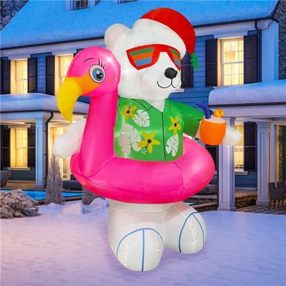 6ft Christmas Inflatables Hawaiian Polar Bear with Flamingo Pool Float Decor - Picture 3 of 6